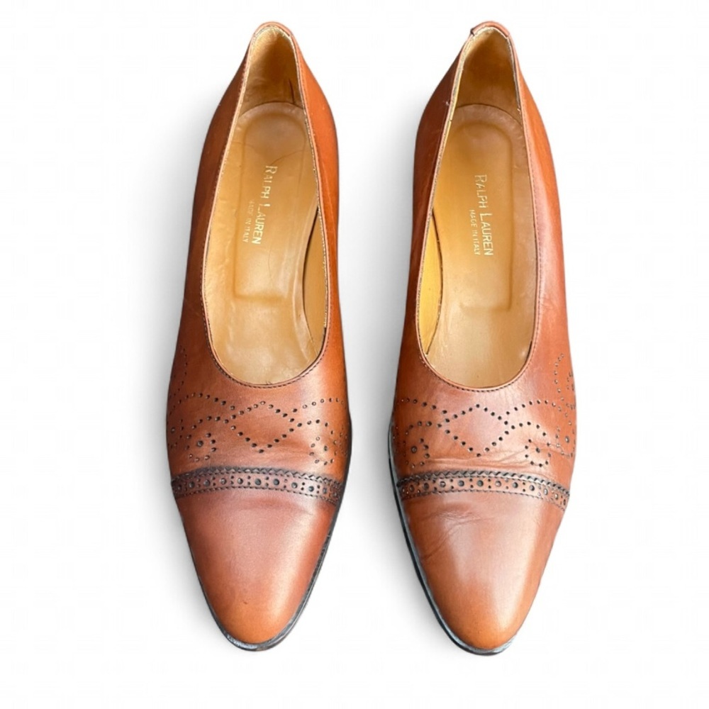 Ralph Lauren Vintage Italian Leather Brogue Loafer Cap Toe Pumps Tan US 8 - Picture 3 of 5